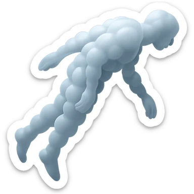 side view of unconscious person flying upwards by torso, legs and arms downwards, made of small very bright white fluffy convex clouds, matte glass style sticker