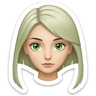 женщина с зелёными глазами, красивыми бровями, серо-бежевыми длинными волосами, с асимметричным пробором чёлкой, подстриженной каскадом, анфас  sticker