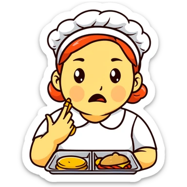 cartoon sticker of a lunch lady with a disgusted expression, holding a tray of gross food sticker