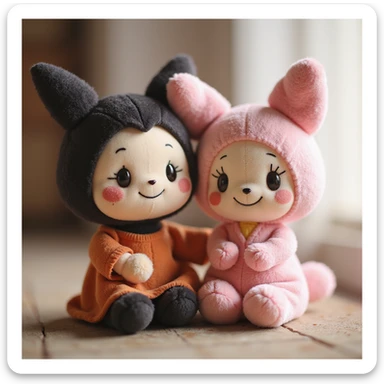 Kuromi and My Melody together, photorealistic style, soft lighting, both smiling, plush toy look sticker