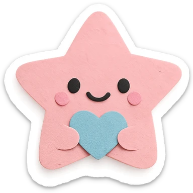 adorable pastel pink star holding a tiny pastel heart, no arms or legs, full body, transparent background, kawaii paper craft style sticker
