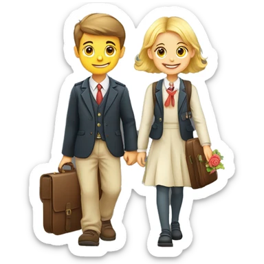 A boy and a girl, schoolchildren, go to school with briefcases and flowers on September 1, cartoon style, clipart sticker