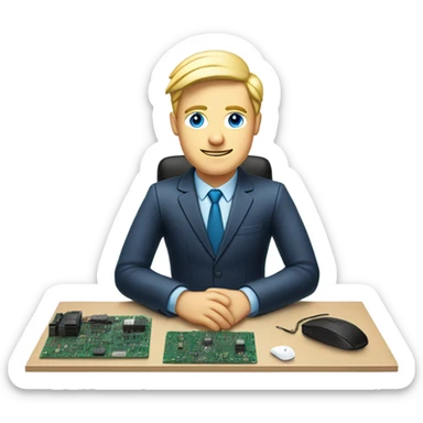 male, european blond with classs, blue eyes, pcb laying on desk sticker