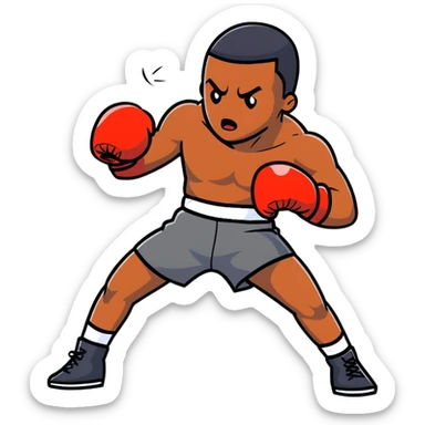 A determined 19-year-old Black male boxer throwing a punch, wearing boxing shorts and gloves sticker