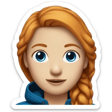 Straight, ginger hair and blue eyes woman with a Canadian jacket sticker