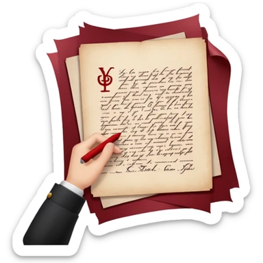 Minimalist emoji-style sticker of a pale hand signing a parchment contract titled “YOUR SOUL” in gothic font, muted red ink, grayscale background sticker
