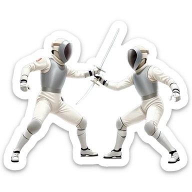 Two fencers in full protective gear and masks duel on a professional piste, swords clashing mid-air. Dynamic lunges and defensive stances highlight the intensity of the sport. The background features a stylized fencing arena with bright lights. Transparent background sticker