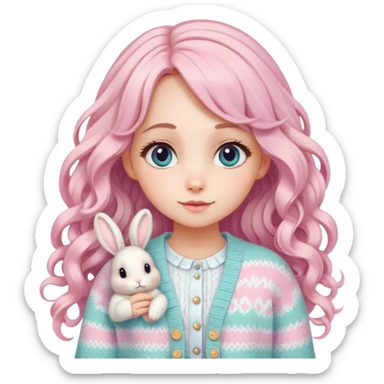  A girl with long curls, a pastel-colored hair clip, and a knitted cardigan with a bunny pattern, looking cute. sticker