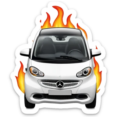 White Mercedes fortwo smart car with flames behind it  emoji  sticker