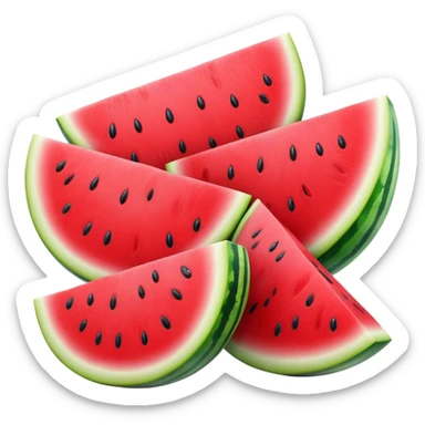 Cinematic juicy watermelon, thick slices revealing vibrant red interior, glossy and glistening with tiny black seeds, fresh and refreshing, soft glowing background, summer vibes. sticker