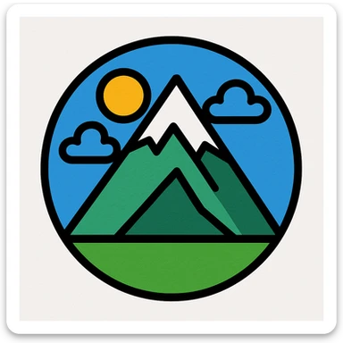 little alchemy style icon
subject: mountain
border: medium-black
shape: round, circular
background: white
style: full color fill with medium black outlining sticker