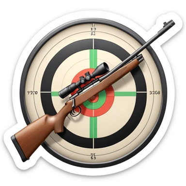 A detailed rifle with a scope, pointing towards a perfectly centered target with concentric rings. The scene highlights the precision and focus required in sports shooting, with no shooter in sight, just the rifle and target in a calm, focused setting. sticker