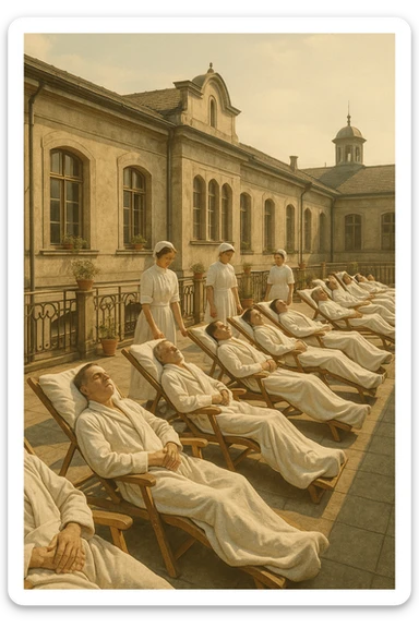 A realistic, historical cinematic illustration of a hospital rooftop solarium from the early 1900s, with patients in white robes and blankets lying on lounge chairs under the sun, receiving heliotherapy. Nurses in classic white uniforms and caps assist quietly, while the warm sunlight bathes the scene. The architecture is vintage, with iron railings, potted plants, and the backdrop of an old European hospital building. The atmosphere is calm and healing, showing patients with tuberculosis, rickets, and malnutrition benefiting from the sun’s rays to stimulate vitamin D production. The color palette is warm, with soft yellows and gentle sunlight, evoking a sense of hope and natural healing, reminiscent of historical black-and-white photographs with subtle colorization for realism sticker