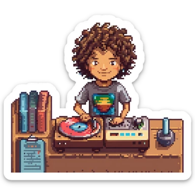 Curly-haired Mexican boy spinning records sticker