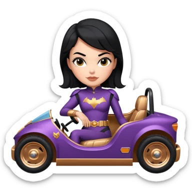 Hot full size real-appearance retro electric racing action BatGirl’s feminine midnight-colored tight outfit sixty’s tv show 1992 stealthy retro sporty safe plush petite off-road pursuit cruiser car rose gold accents (black hair,reclined and relaxed torso seating position) go kart  sticker