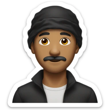 Mestised man's face with short curly haircut and a black bandana on his forehead with brown eyes and a slight mustache sticker