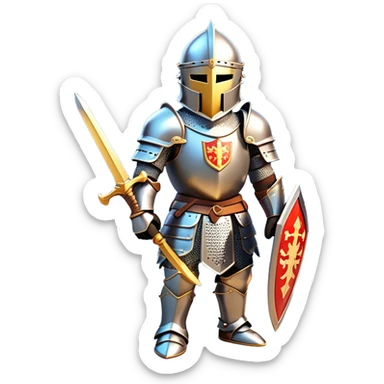 Clash of Clans aesthetic: Cinematic heroic Armored Knight Hero Emoji, rendered in a 3D vector-style similar to standard emojis with minimal shading and bold, simplified shapes. A compact, isometric warrior clad in gleaming plate armor with intricate heraldic details, softly glowing with a chivalrous medieval charm. Simplified yet unmistakably iconic, highly detailed and consistent, glowing with a soft radiant shine and high polish. Stylized with a touch of noble valor and a soft glowing outline, wearing a full face helm so that no face is visible with only eyes visible, capturing the essence of a gallant knight ready for honorable battle with a friendly, playful manner! sticker
