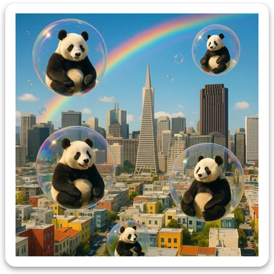 Cinematic still pandas bears sitting inside bubbles flying around San Francisco downtown, sunny summer day, happy vibe, colorfull surround, rainbow sticker