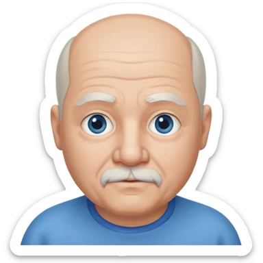 75,  bald, grey side hair, chubby, blue eyes, goatee sticker