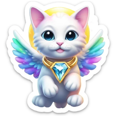 Transcendent Cute Heavenly Rainbow 4d Diamond ultra mega surpream Omni-Cat God with wings and a ring around its body and another ring above it’s head  sticker