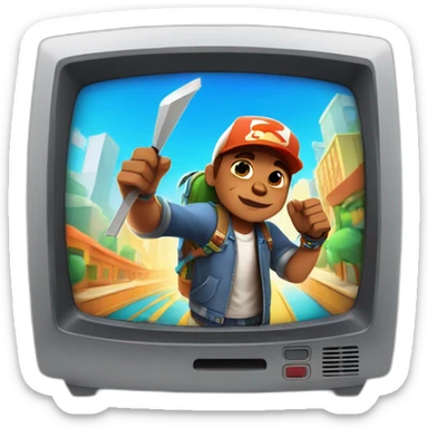Zach psycho pebbles holding a Needle hooked up to television playing subway surfers sticker