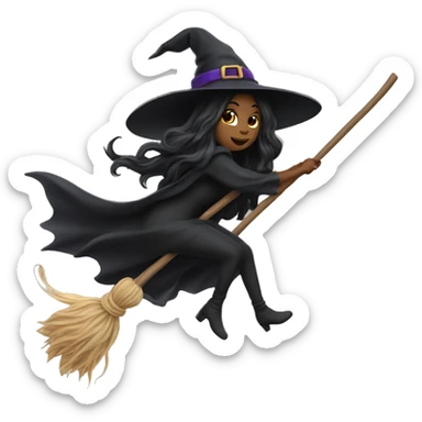 dark long hair witch flying on a broom white skin sticker
