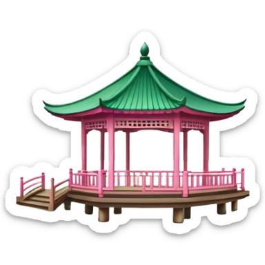 Lotus in the Breeze at Crooked Courtyard, West Lake Hangzhou, simplified emoji style, pink lotus flowers on water with pavilion, cartoon style sticker