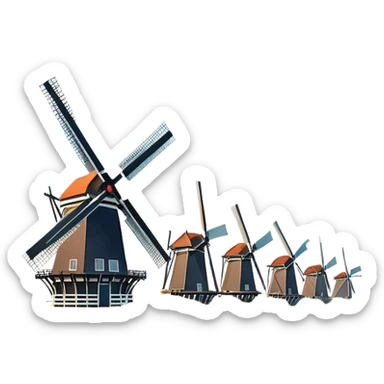 Cinematic Realistic Kinderdijk Windmills Landmark Emoji, depicted as a row of classic Dutch windmills set against a serene sky rendered with detailed textures and soft natural lighting. sticker