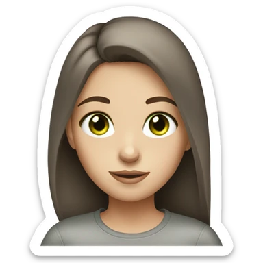 A girl with brown hair grey shirt green eyes with freckles and very pretty sticker