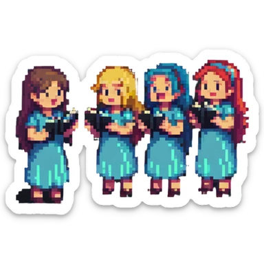 acappella group of four people singing, pixel art style sticker