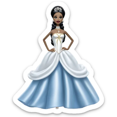 Tall realistic face teen Morticia Addams in as Princess Leia Barbie in ruffled pearl-white and blue ballet ball gown with gold accents and accessories  sticker