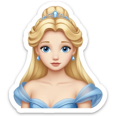 Cinematic Realistic Cute Cinderella Portrait, featuring fair, luminous skin with finely detailed texture and softly lit golden-blonde hair cascading in gentle waves. Her warm, inviting blue eyes sparkle with youthful charm and curiosity, while her classic, elegantly draped ball gown reveals meticulously rendered fabric details and natural folds. The overall composition is bathed in a gentle, realistic radiance that exudes both playfulness and heartfelt beauty. sticker