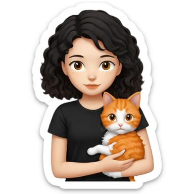 Girl with medium length black wavy hair in a black t shirt holding a ginger cat sticker