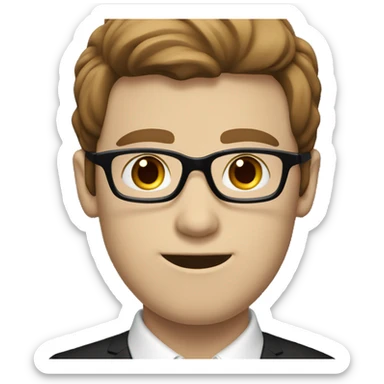 pale skinny guy with brown hair, black glasses and red suit sticker