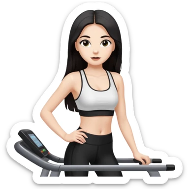 Девушка белокожая на беговой дорожке, с длинными темными волосами, в одежде для йоги - черные лосины, белый короткий топ на тонких лямках, с черными ресницами sticker