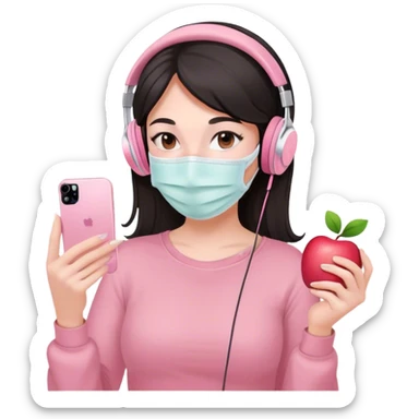 chica super aesthetic con piel blanca pelo morebo con una mascarilla en la cara relajada y unos cascos como lo de apple y un iphone de color rosa pastel sticker
