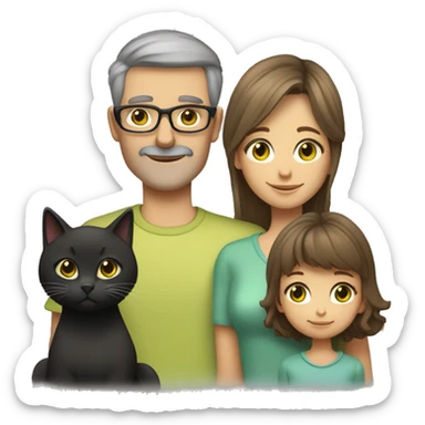 family: mum (has bronde medium-length hair, tan skin, green eyes), dad (has light brown hair, glasses, grey eyes, fair skin), adult daughter (has hazel eyes, very pale skin, brown/black long hair with full bangs) + 2 black cats with yellow eyes sticker