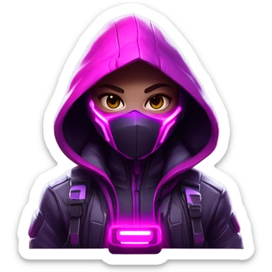 developer behind his laptop with  this style : crysis Cyberpunk Valorant neon glowing bright pink girl character dark pink purple white hooded assassin themed character sticker