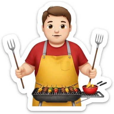 chubby man white messy hair and dirty yellow shirt and a red apron grilling bbq and skewers on a sizzling grill sticker