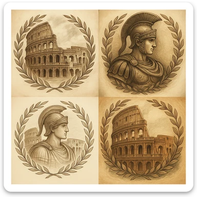 ancient Rome, Colosseum, classical architecture, laurel wreath, Roman soldier, detailed, artistic, variety of styles sticker