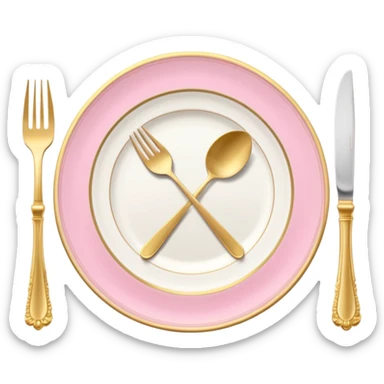 A luxurious plate with pink accents and elegant details, fork and knife on side sticker