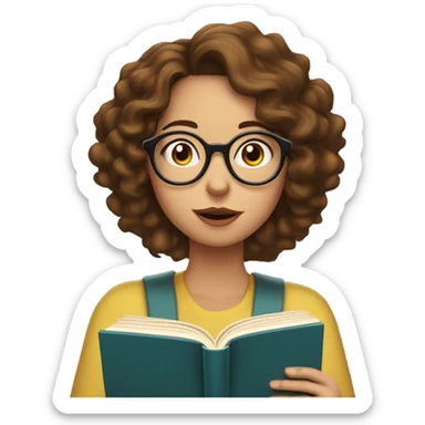 Girl with brown wavy hair, wears glasses and reads a book with question mark bubble on her head sticker