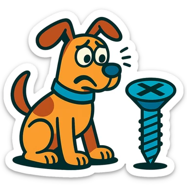 playful cartoon dog looking worriedly at a screw, visual pun for 'Don't screw the pooch' sticker