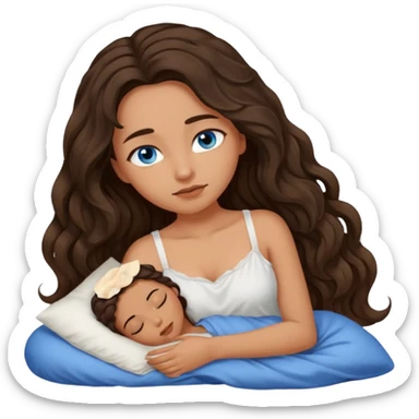 Girl with olive skin, blue eyes, brown dark insanely wavy long hair, white camisole sleeping sticker