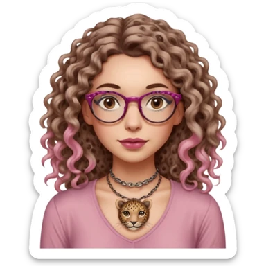a gray eyed woman with light brunette long curly hair, full lips, pink soft blush and pale skin with leopard printed thin round-ish glasses wearing a silky brown top, a neck tatto that is in the middle of the neck so tiny saying before sunrise in a dactilo font. sticker