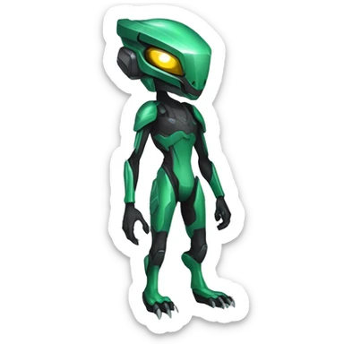 a black-green Genesect-Raptor-Fakémon—hybrid with a futuristic visor-helmet full body sticker