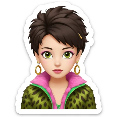 generate a pretty fair bratz girl with dark brown eyes. Dark brown hair tied up in a funky hairstyle. Wearing a green fur jacket, with pink top underneath. Golden earrings sticker