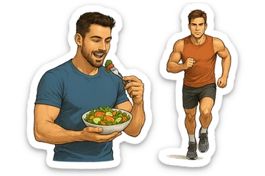 UOMO FITNESS CHE MANGIA INSALATA ACCANTO A UOMO FITNESS CHE CORRE IN POSA FRONTALE sticker