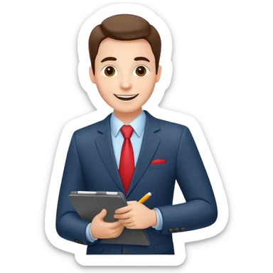 car salesman with a clipboard, cheerful expression, suit sticker