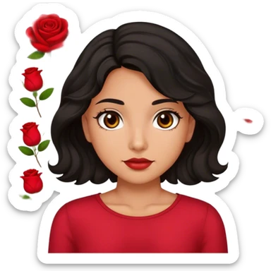 Olive skin Brown eyes black wavy hair rose backround red top  sticker